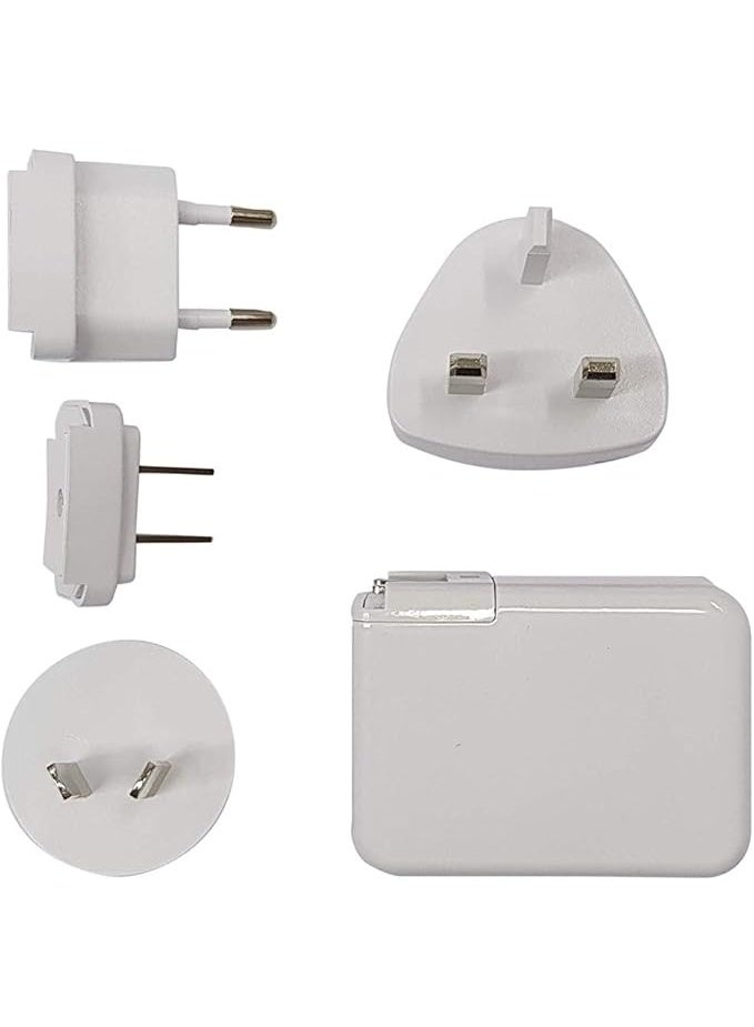 جوس محول السفر JUICE مع 4 منافذ USB وقوابس قابلة للتبديل للاستخدام حول العالم، بقدرة إخراج 4.8 أمبير – شاحن جداري عالمي لمناطق المملكة المتحدة، الاتحاد الأوروبي، الولايات المتحدة، وأستراليا – باللون الأبيض. - Image 1